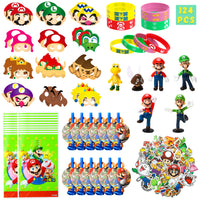 124Pcs Mario Party Supplies Kit, Wario Party Favors All-In-One Pack Party Supplies Include Mario Masks Character Model Decor Stickers Wristband Treat Bags Blowouts For Boys and Girls