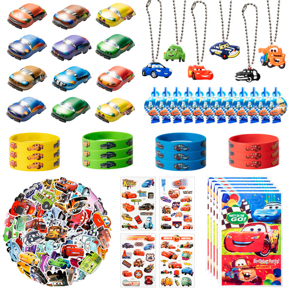 122Pcs Race Cars Party Supplies Kit, Lightning McQueen Party Favors All-in-one Package Party Supplies Including Cartoon Tattoo Stickers Mini Model Cars Bracelet Goodie Bag for Boys