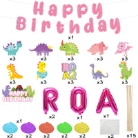 46pcs Pink Dinosaur Party Decoration Set for Girls, Little Dino Party Swirls and Table Centerpieces, Happy Birthday Banner, Pink“ROAR”Balloon and Birthday Cake Topper Supplies for Girls Party Photo Booth Props