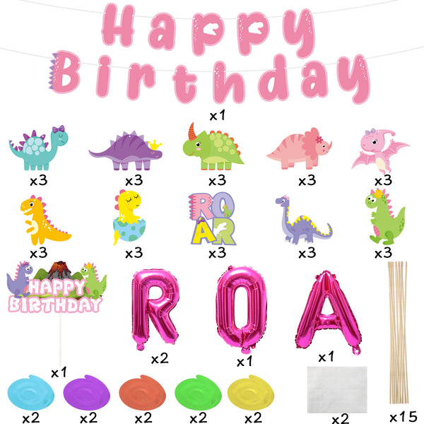 46pcs Pink Dinosaur Party Decoration Set for Girls, Little Dino Party Swirls and Table Centerpieces, Happy Birthday Banner, Pink“ROAR”Balloon and Birthday Cake Topper Supplies for Girls Party Photo Booth Props