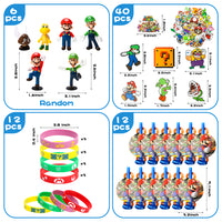 124Pcs Mario Party Supplies Kit, Wario Party Favors All-In-One Pack Party Supplies Include Mario Masks Character Model Decor Stickers Wristband Treat Bags Blowouts For Boys and Girls