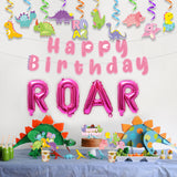 46pcs Pink Dinosaur Party Decoration Set for Girls, Little Dino Party Swirls and Table Centerpieces, Happy Birthday Banner, Pink“ROAR”Balloon and Birthday Cake Topper Supplies for Girls Party Photo Booth Props