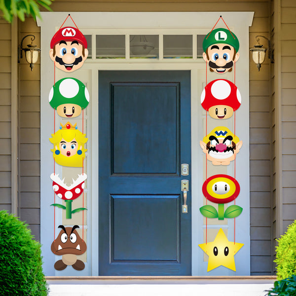 Mario Door Sign Banner Decoration for Outdoor Wario Hanging Porch Signs Decor Video Game Themed Sign Wall for Front Door Garden Photo Booth Props Birthday Party