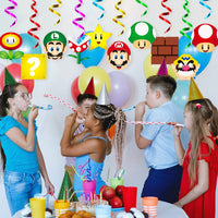 30Pcs Mario Party Swirl Decorations Hanging Mario Spiral Decor Whirl Streamers Ceiling Streamers Mario Spiral Favors for Birthday Party Room Decor